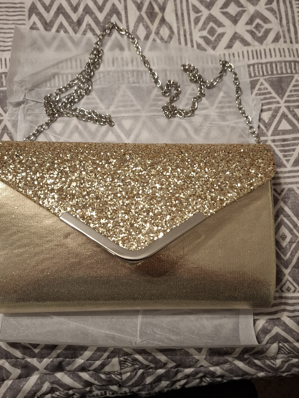 Gold Glitter Envelope Clutch with Chain Strap
